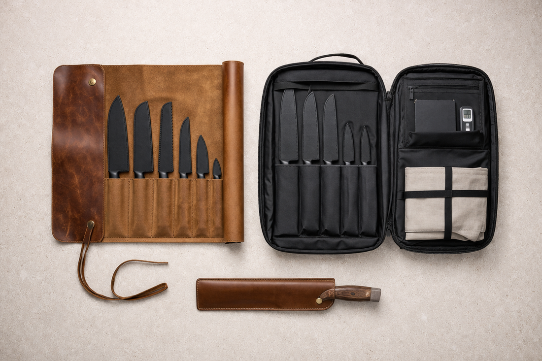 Different types of knife storage including knife roll, knife bag, knife backpack, knife sleeve, and knife wrap arranged side by side.