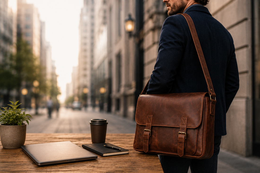Full-grain leather messenger bag in a modern city workspace setting.