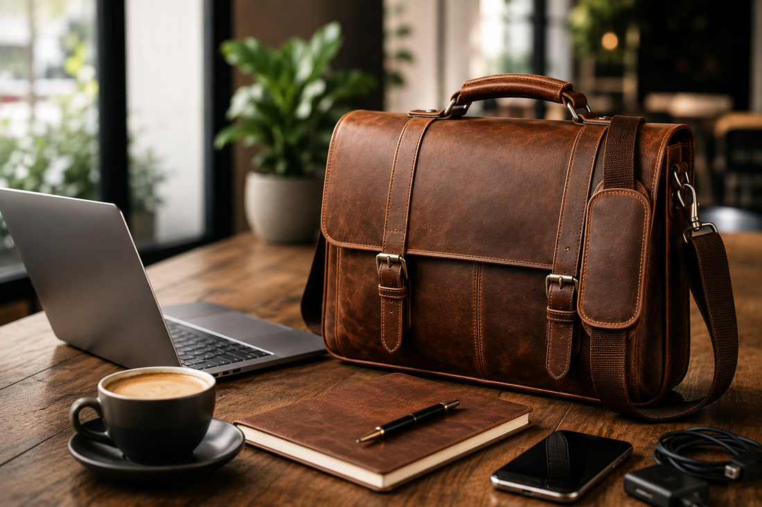 Full-grain leather messenger bag on a wooden workspace desk beside a laptop, coffee cup, notebook, and phone in a modern café-style remote work setting with warm natural lighting