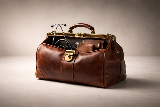 Premium full-grain leather doctor bag with brass hardware and wide opening, showcasing organized medical tools in a clean studio setting