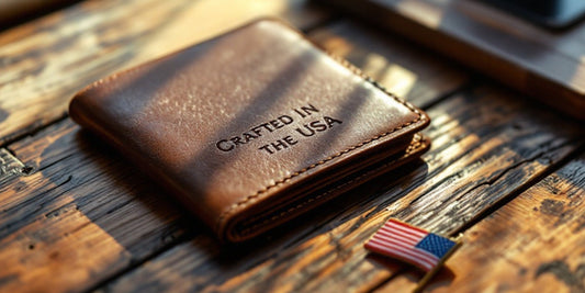 Handcrafted leather wallet featuring the phrase Crafted in the USA And Proud of It on a rustic wooden table