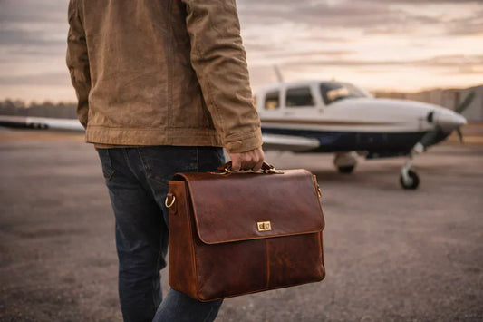 Full-grain leather messenger bag on a desk workspace with laptop and notebook, showcasing durable everyday carry and professional style