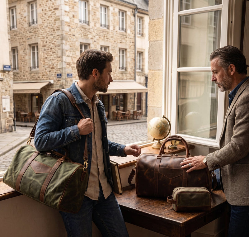Two men comparing an olive green canvas duffle bag and a rich brown leather duffle bag near a window.