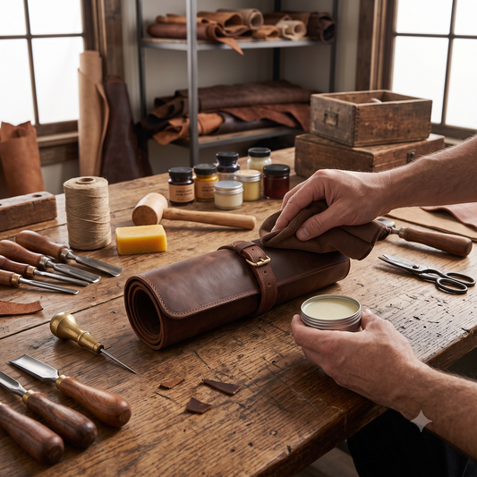 A person applies conditioner with a cloth to a rolled-up brown leather knife roll on a workbench, alongside woodworking chisels and leather supplies.