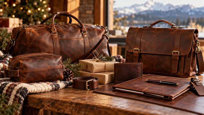 Full-grain brown leather duffle bag, messenger bag, toiletry bag, and portfolio displayed with wrapped gifts in a cozy mountain lodge, featuring timeless leather gift ideas for him, her, and travelers.