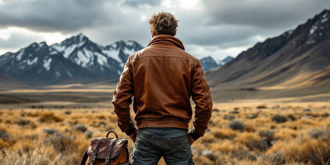 Man in a brown leather jacket facing mountains, representing the history of Wyoming Jack leather