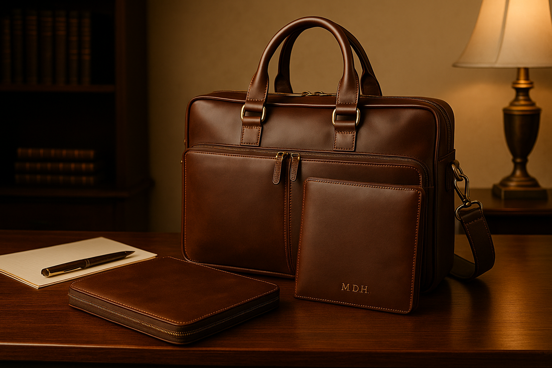 Luxurious brown leather briefcase, folio, and wallet on a polished wooden desk with a brass lamp and leather-bound books in the background, creating a refined executive gifting scene.