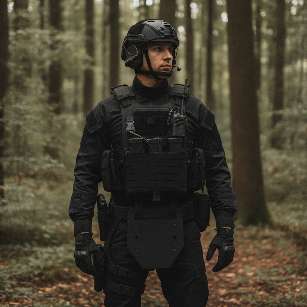 Gilet tactique noir avec poches modulaires et plaques balistiques porté en extérieur