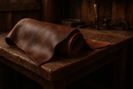 Rolled full-grain leather displayed on a worn wooden workbench with rustic tools in the background, highlighting natural grain, rich tone, and artisanal craftsmanship.