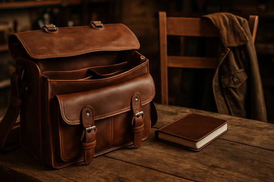 Open full-grain leather messenger bag with brass buckles and lined compartments on a rustic work table, next to a leather notebook and a canvas jacket draped over a wooden chair in a sunlit workshop.