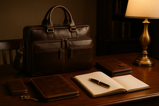 Elegant office desk with a full-grain leather briefcase, wallet, notebook, and pen displayed under warm lighting, with a brass lamp and bookshelf in the background for a professional gift setting.