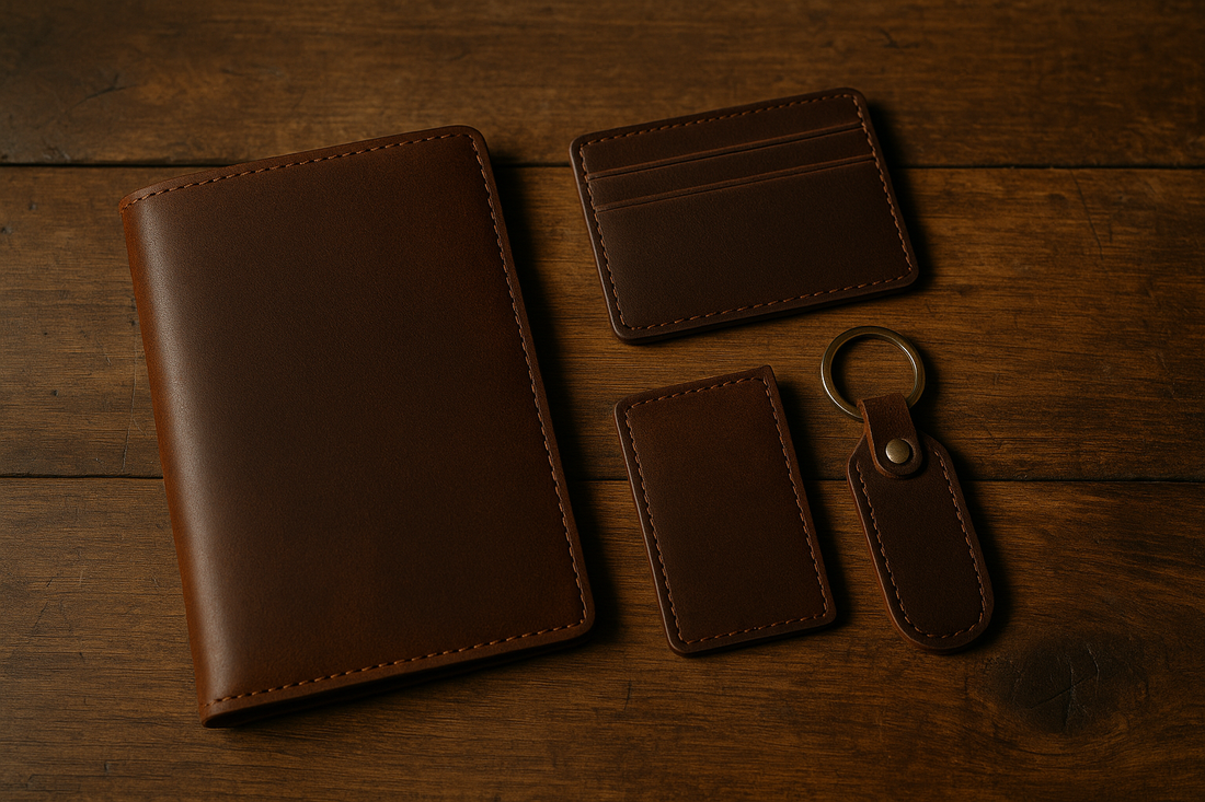 Minimalist leather gift set featuring a slim wallet, cardholder, and keychain arranged on rustic wooden surface under warm lighting, emphasizing timeless design and craftsmanship.