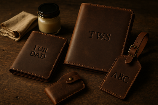 Personalized leather goods including engraved wallet, monogrammed journal, and luggage tag arranged on rustic wooden surface with leather balm and cloth for maintenance.