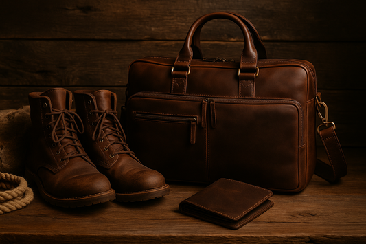 Weathered leather boots, rugged wallet, and classic briefcase arranged on a rustic wooden surface, set against dark wood paneling with rope and warm lighting that reflects legacy craftsmanship.