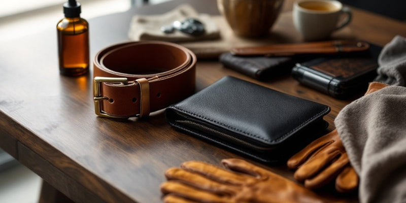 Leather goods on a wooden table showcasing when not to oil leather goods including belt, wallet, and gloves