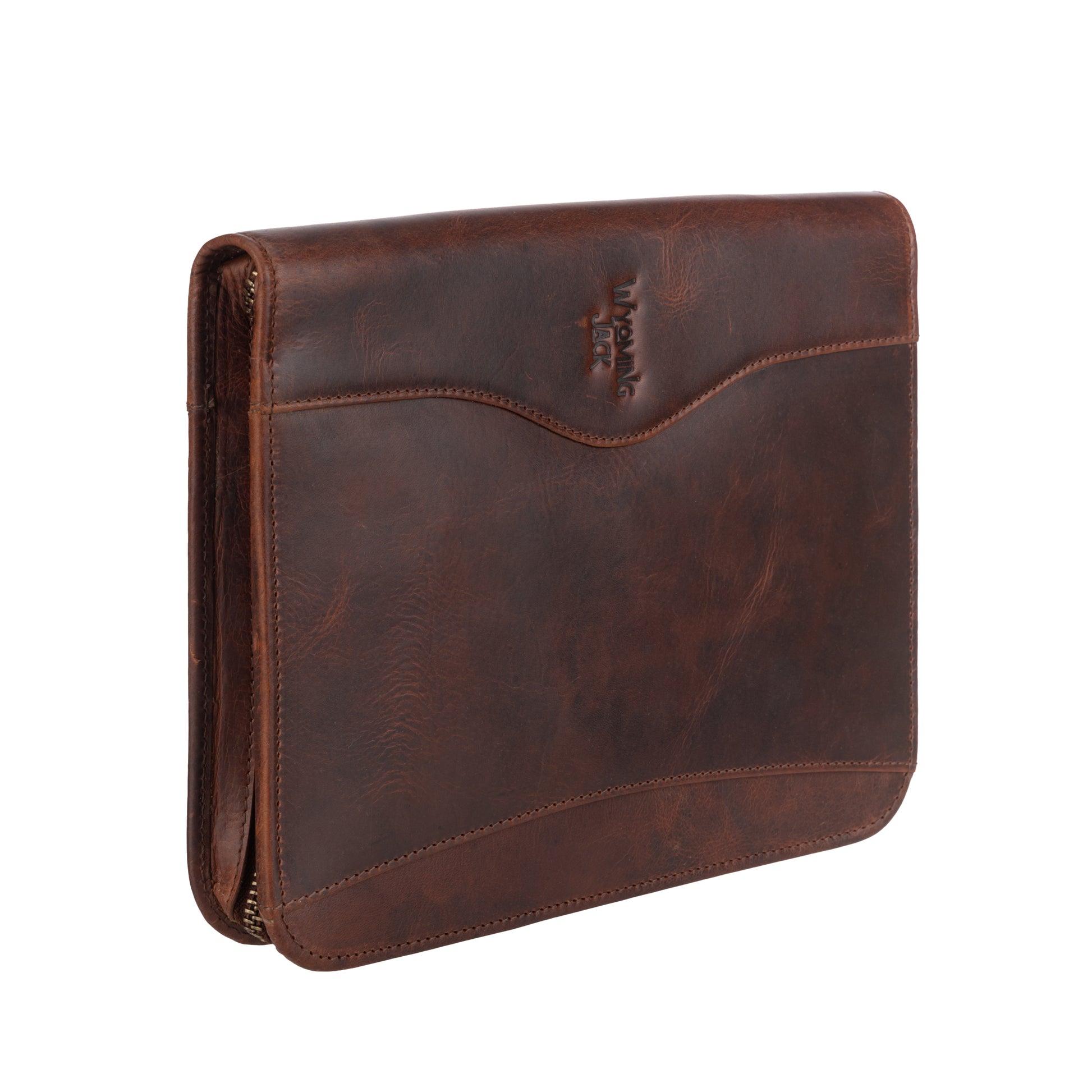 Wyoming Jack Frontier leather padfolio for letter size documents, featuring a sleek brown leather exterior and organized interior pockets.