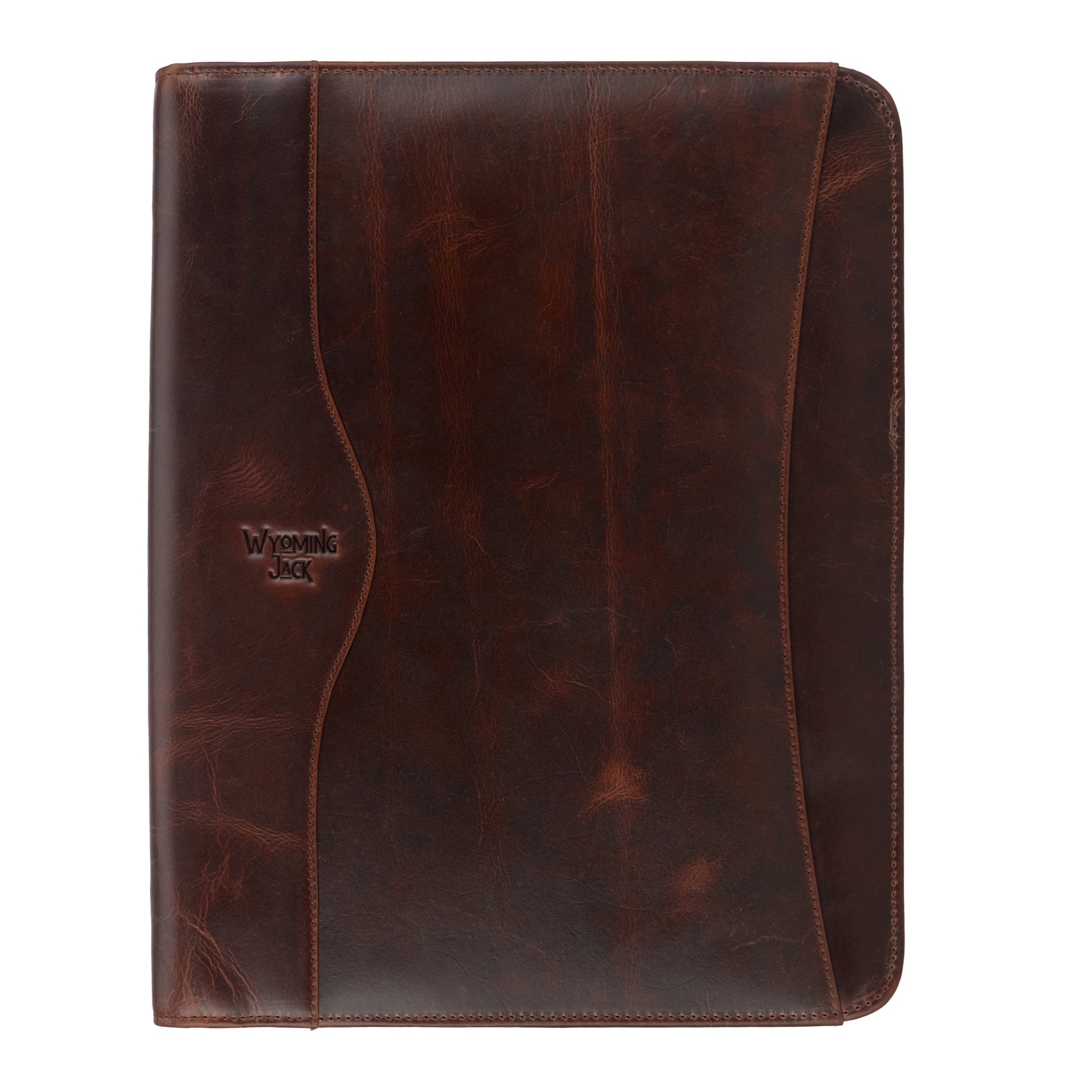 Wyoming Jack Frontier leather padfolio for letter size documents, featuring a sleek black leather exterior and organized interior pockets.
