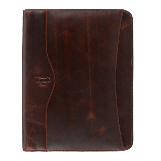 Wyoming Jack Frontier leather padfolio for letter size documents, featuring a sleek black leather exterior and organized interior pockets.
