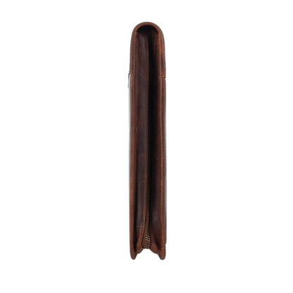 Wyoming Jack Frontier leather padfolio for letter size documents, featuring a sleek brown leather design and multiple organizing compartments.