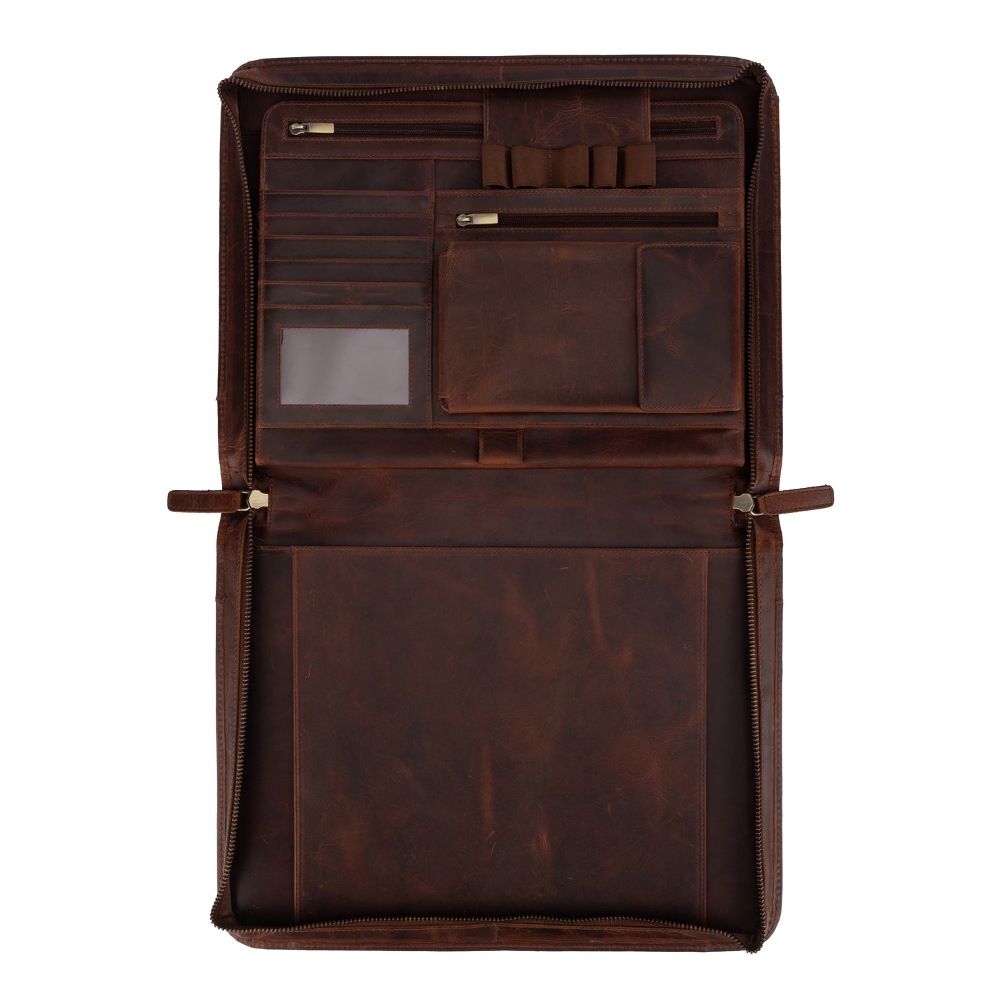 Wyoming Jack Frontier leather padfolio for letter size documents, featuring a sleek brown leather exterior with multiple document compartments.