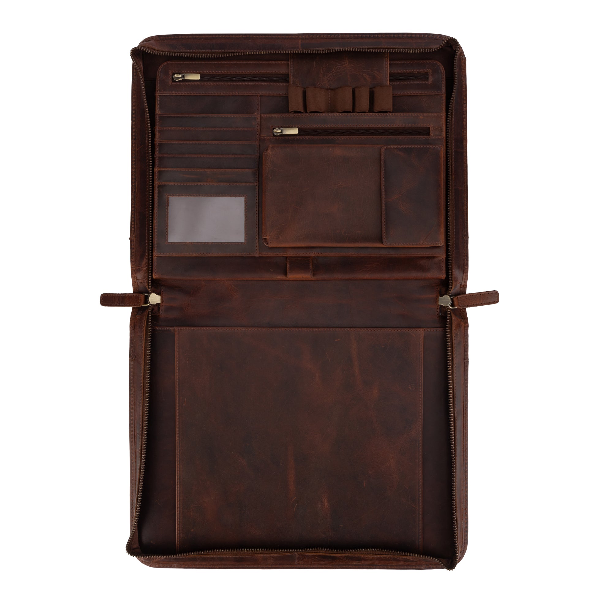Wyoming Jack Frontier leather padfolio for letter size documents, featuring a sleek brown leather exterior with multiple document compartments.