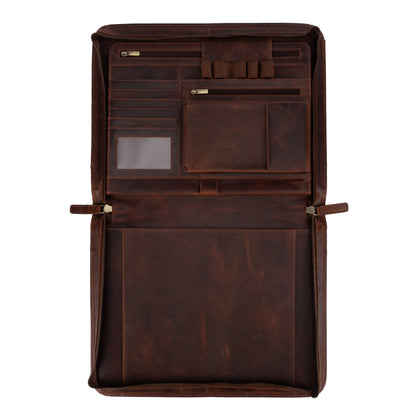 Wyoming Jack Frontier leather padfolio for letter size documents, featuring a sleek brown leather exterior with multiple document compartments.