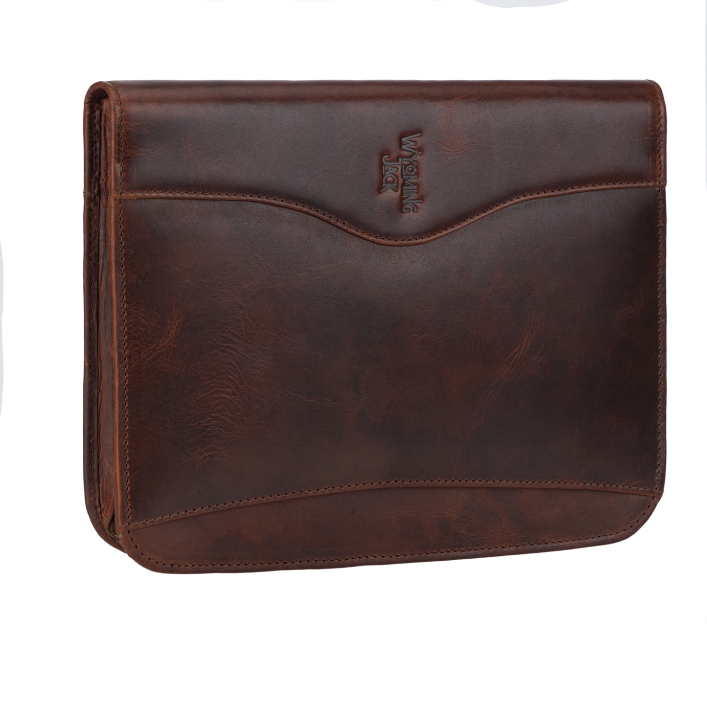 Wyoming Jack Frontier leather padfolio for letter size documents, featuring a sleek brown leather exterior and organized interior pockets.