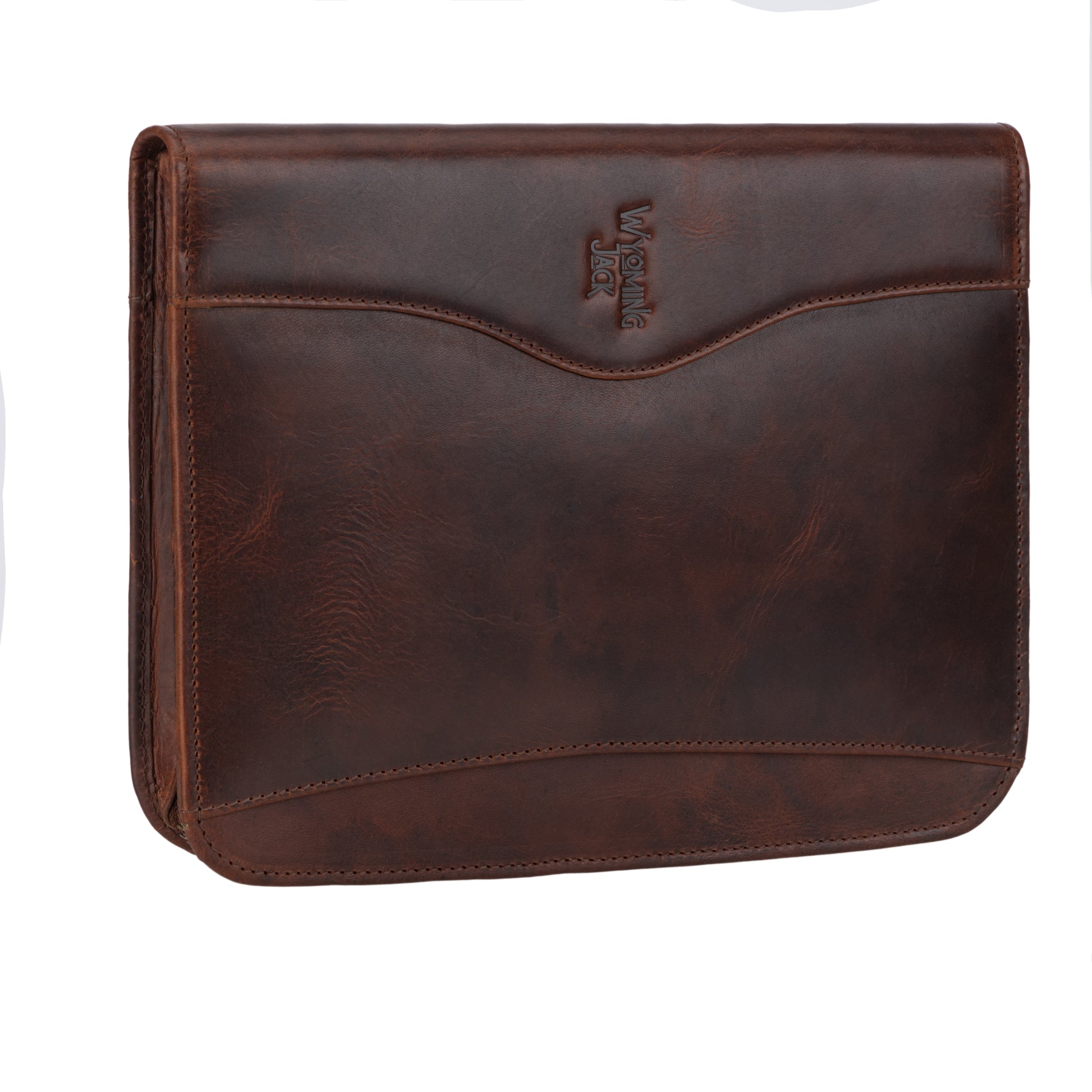 Wyoming Jack Frontier leather padfolio for letter size documents, featuring a sleek brown leather exterior and organized interior pockets.