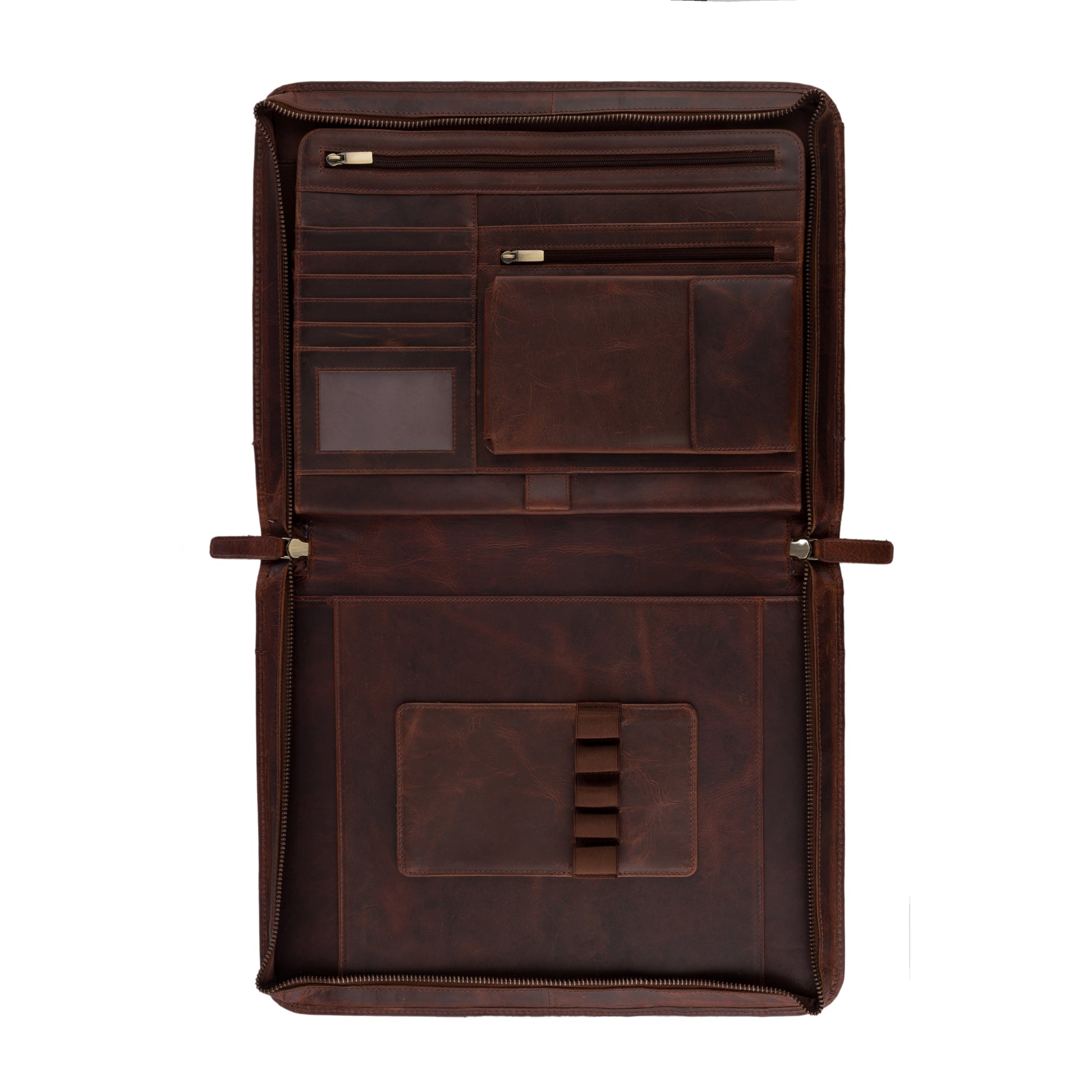 Wyoming Jack Frontier leather portfolio for letter size documents, with multiple compartments and a sleek, professional design.