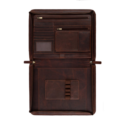 Wyoming Jack Frontier leather portfolio for letter size documents, with multiple compartments and a sleek, professional design.