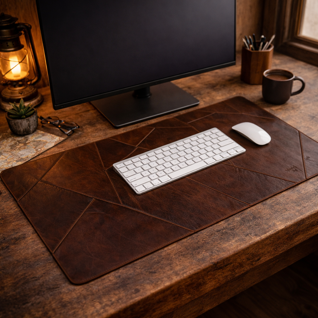 Wyoming Jack Cutstone Leather Desk Mat on a wooden desk, showcasing its smooth leather surface and stylish design.