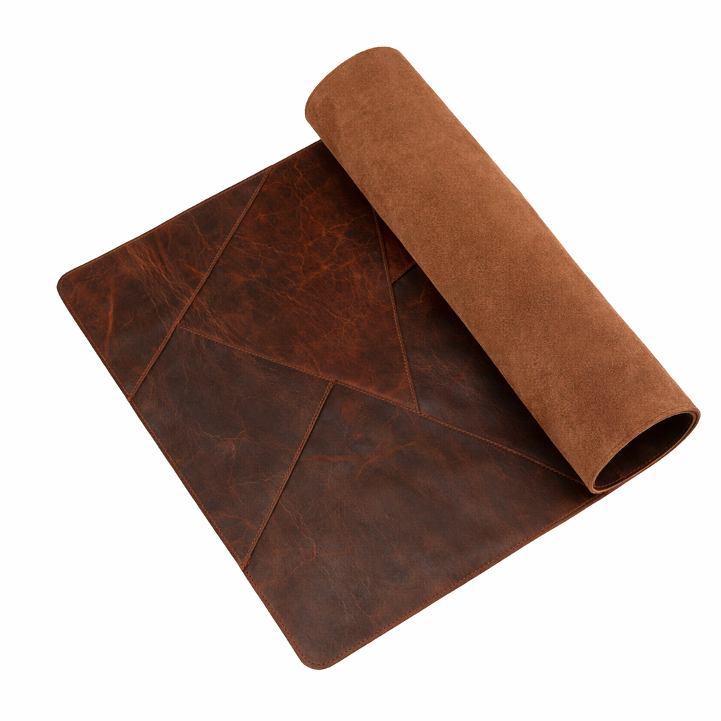 Folded Wyoming Jack Cutstone leather desk mat showing smooth brown leather surface and stitched edges.