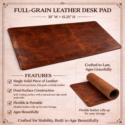 Wyoming Jack Frontier Leather Desk Pad with smooth brown leather surface and stitched edges for a stylish workspace accessory.