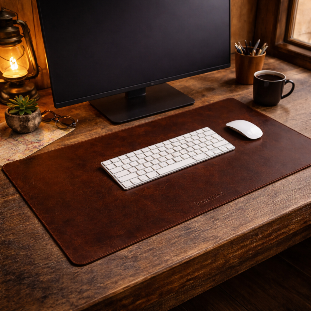 Wyoming Jack Frontier leather desk pad on wooden desk, showcasing a stylish and durable workspace accessory.