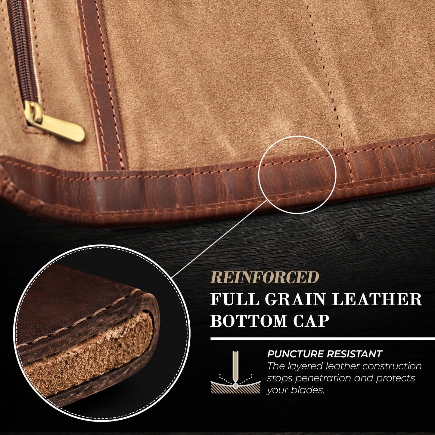 Wyoming Jack leather chef knife roll with zipper pocket, featuring multiple knife slots and durable leather construction.