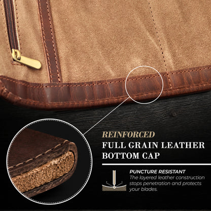 Wyoming Jack leather chef knife roll with zipper pocket, featuring multiple knife slots and durable leather construction.