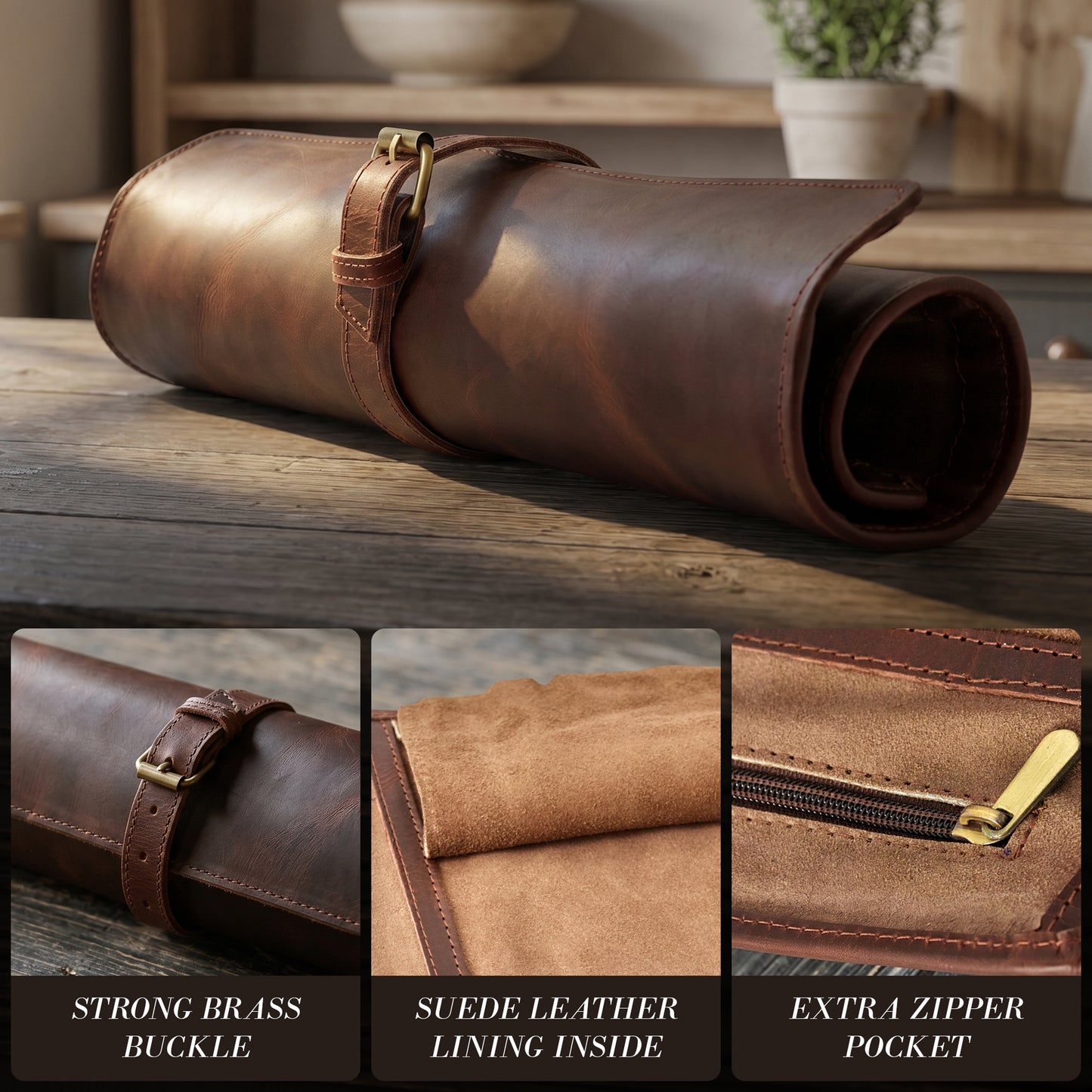 Wyoming Jack CrossCut leather chef knife roll with zipper pocket, designed for safe and organized knife storage.