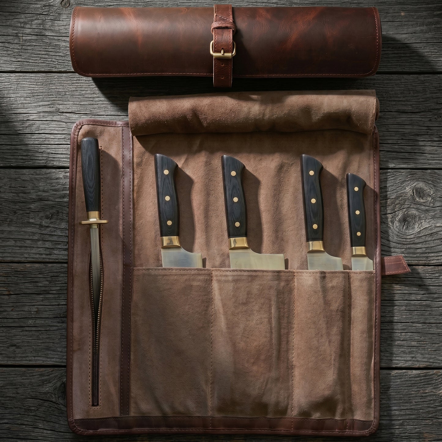 Leather chef knife roll by Wyoming Jack with multiple slots and zipper pocket for safe, organized storage of kitchen knives.
