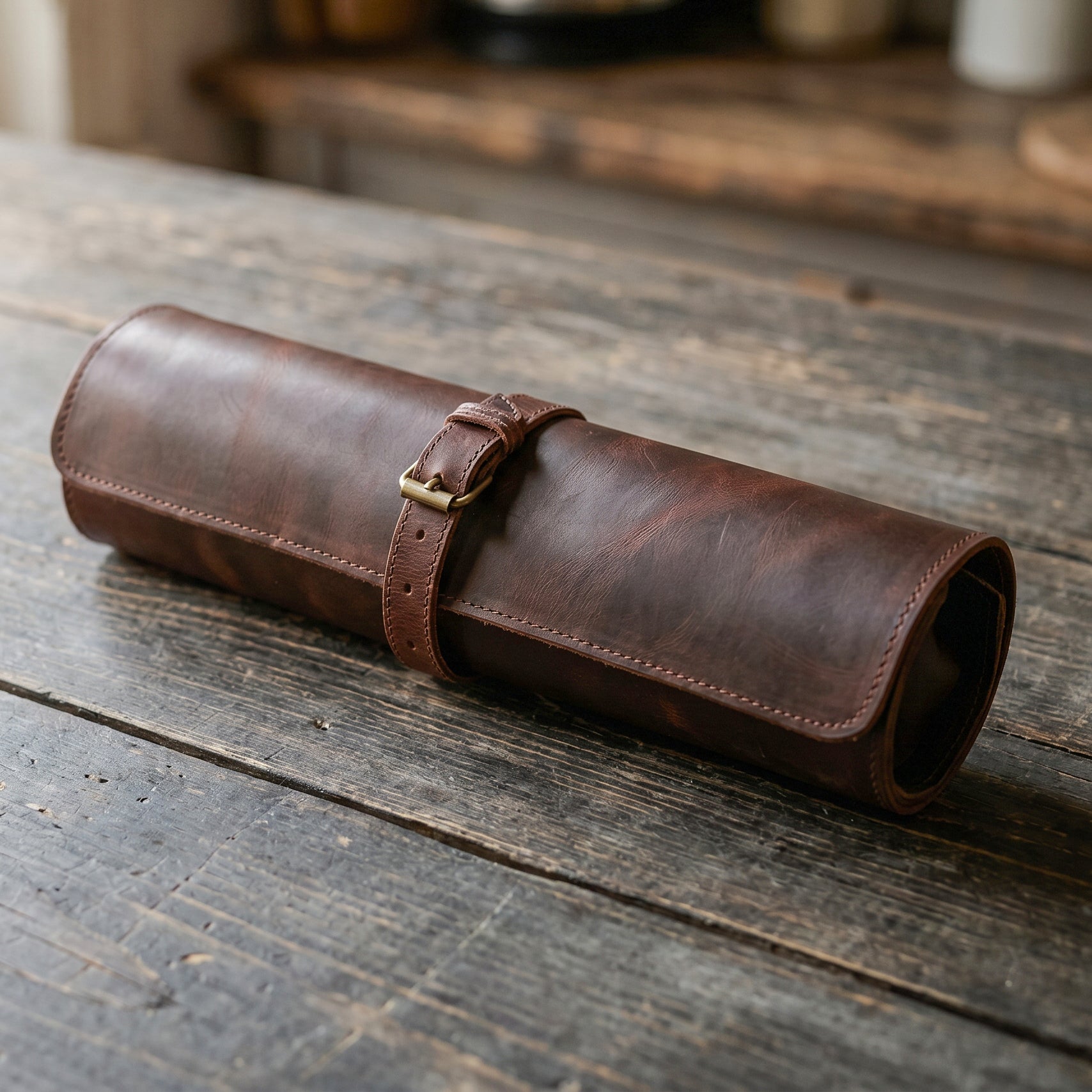 Wyoming Jack CrossCut leather chef knife roll with zipper pocket, designed for safe knife storage and easy transport.
