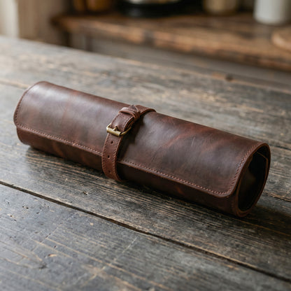 Wyoming Jack CrossCut leather chef knife roll with zipper pocket, designed for safe knife storage and easy transport.