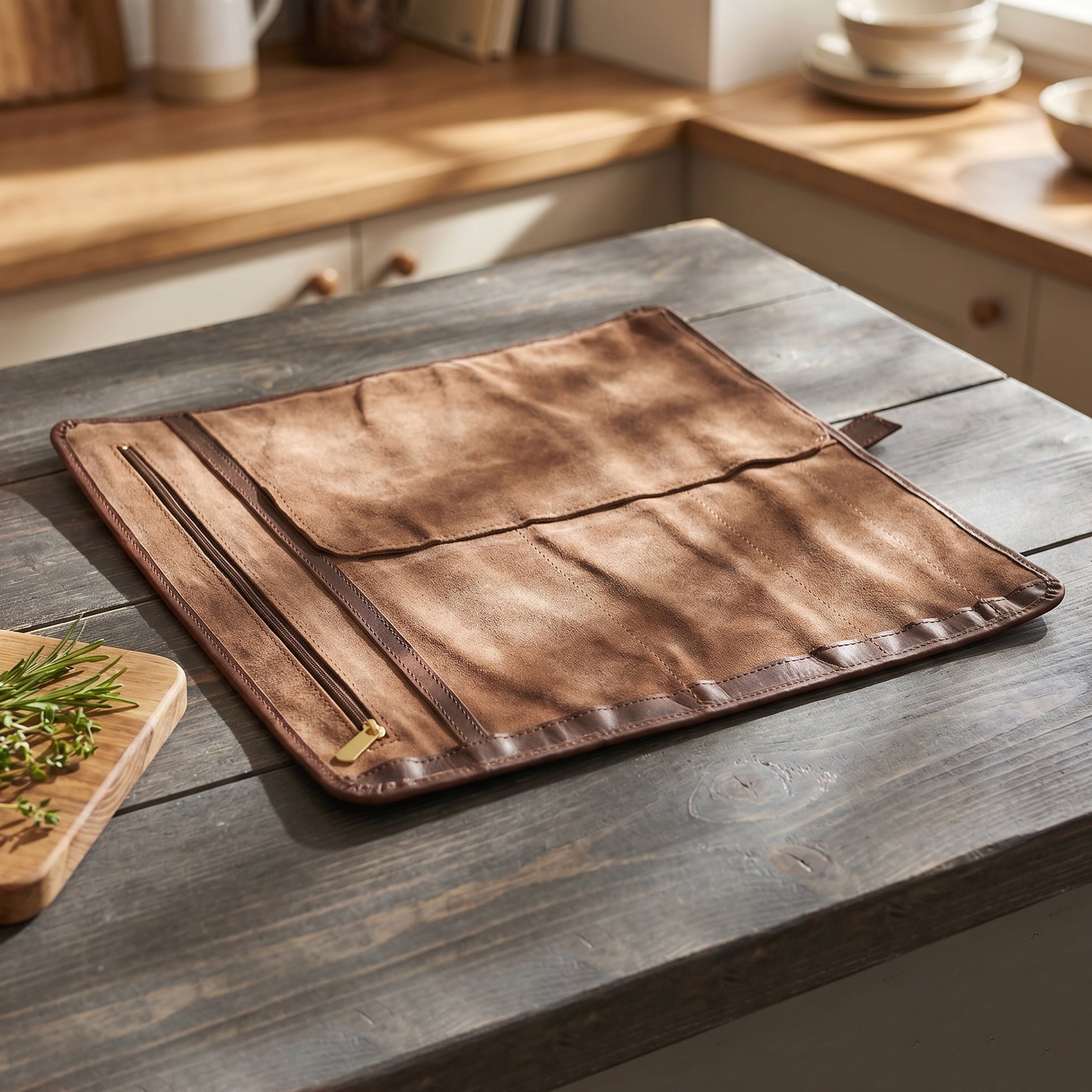 Wyoming Jack crosscut leather chef knife roll with zipper pocket, featuring multiple slots for storing kitchen knives and tools.