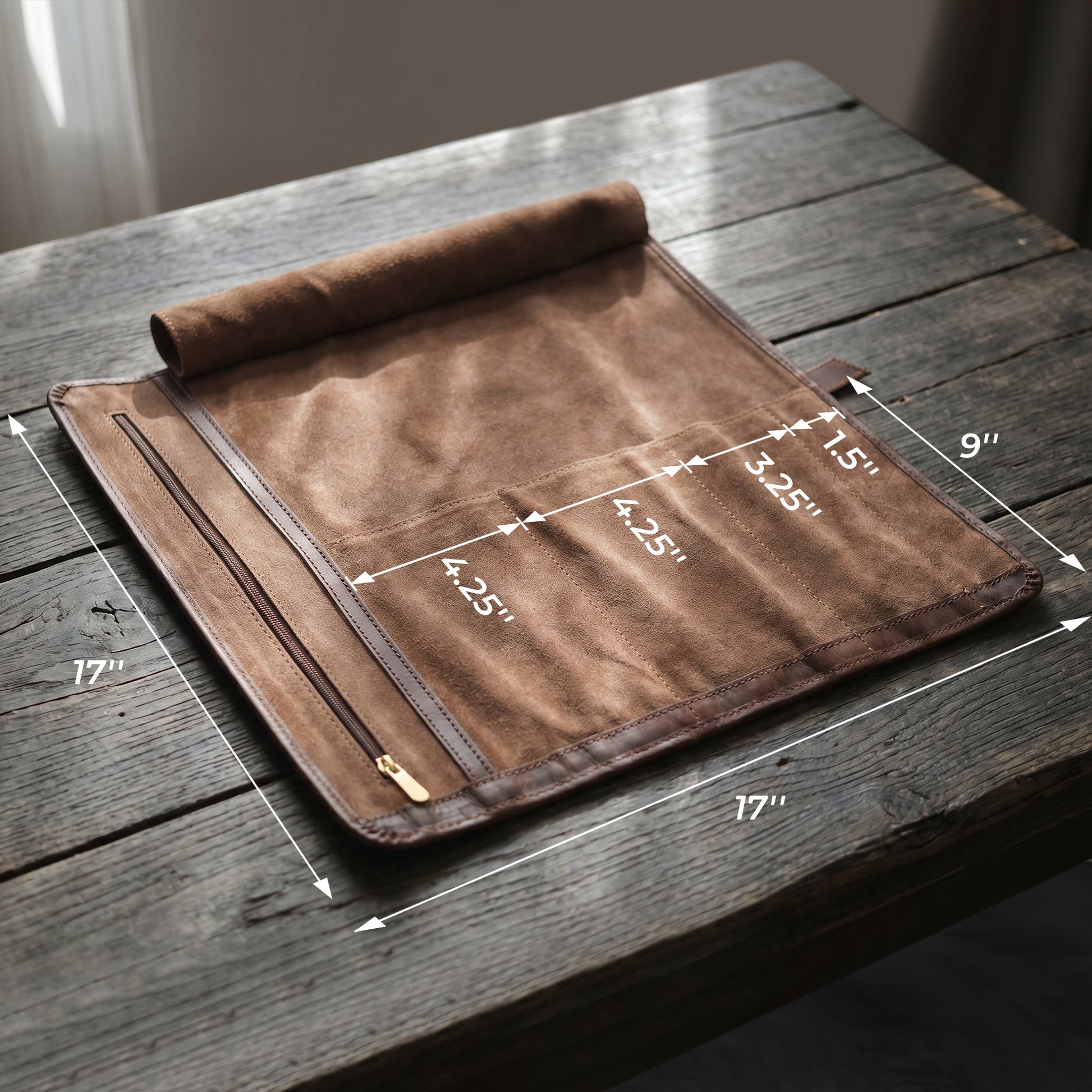 Wyoming Jack CrossCut leather knife roll for chefs with zipper pocket, featuring multiple compartments for professional kitchen tools.
