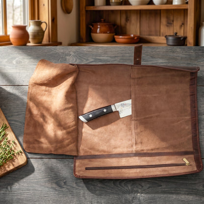 Wyoming Jack leather chef knife roll with zipper pocket, featuring multiple compartments for storing professional kitchen knives.