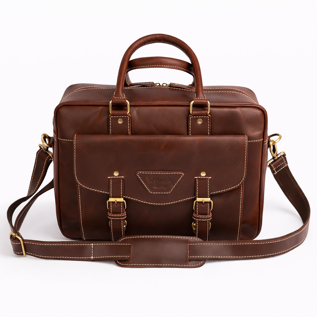 Wyoming Jack Trail Boss compact leather briefcase for men, front view with shoulder strap, crafted from durable timberline leather.
