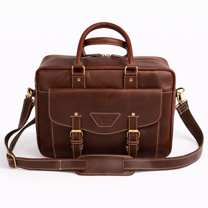 Wyoming Jack Trail Boss compact leather briefcase for men, front view with shoulder strap, crafted from durable timberline leather.