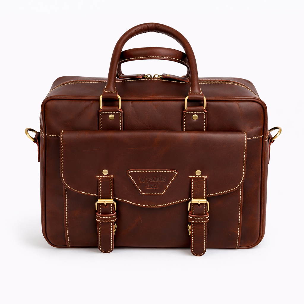 Wyoming Jack Trail Boss compact leather briefcase for men, front view showing sturdy leather construction and sleek design