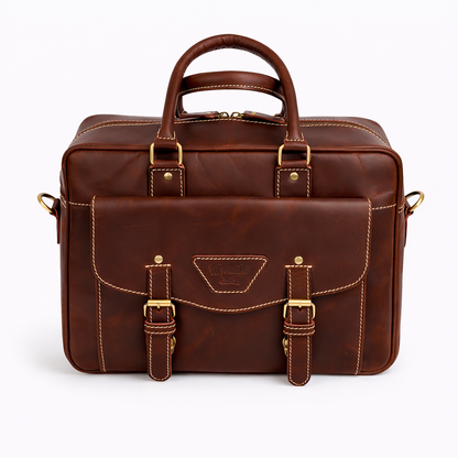 Wyoming Jack Trail Boss compact leather briefcase for men, front view showing sturdy leather construction and sleek design