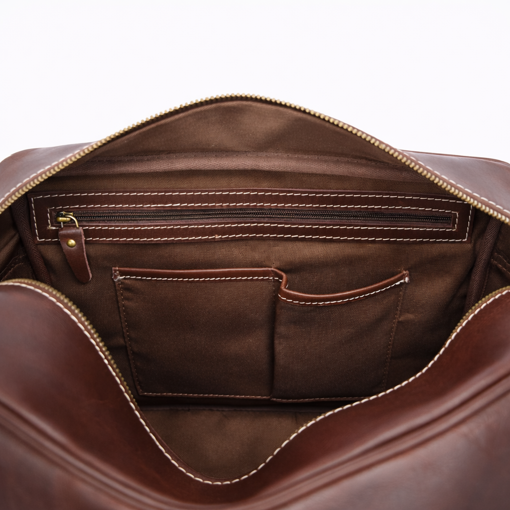 Open Wyoming Jack Trail Boss compact leather briefcase for men showing interior compartments and craftsmanship.