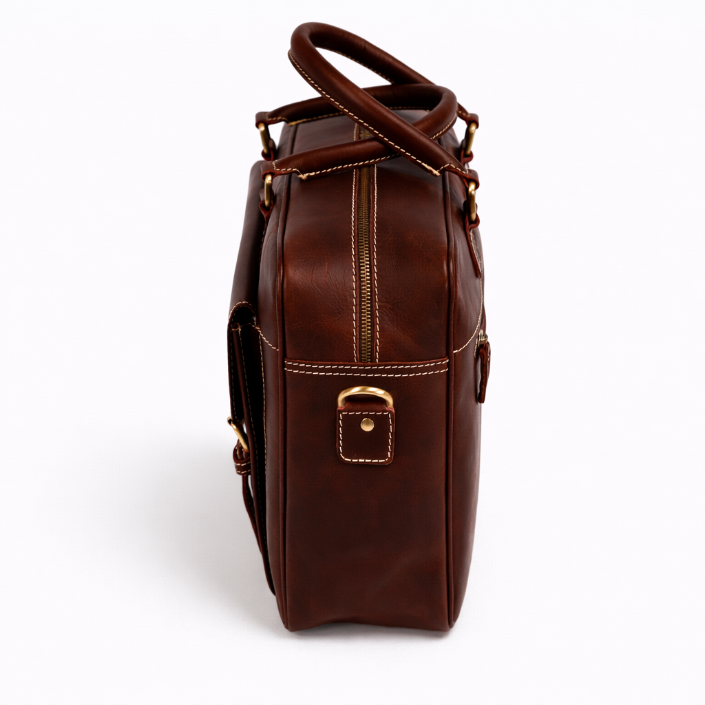 Wyoming Jack Trail Boss compact leather briefcase for men, side view showing sleek design and sturdy handle.