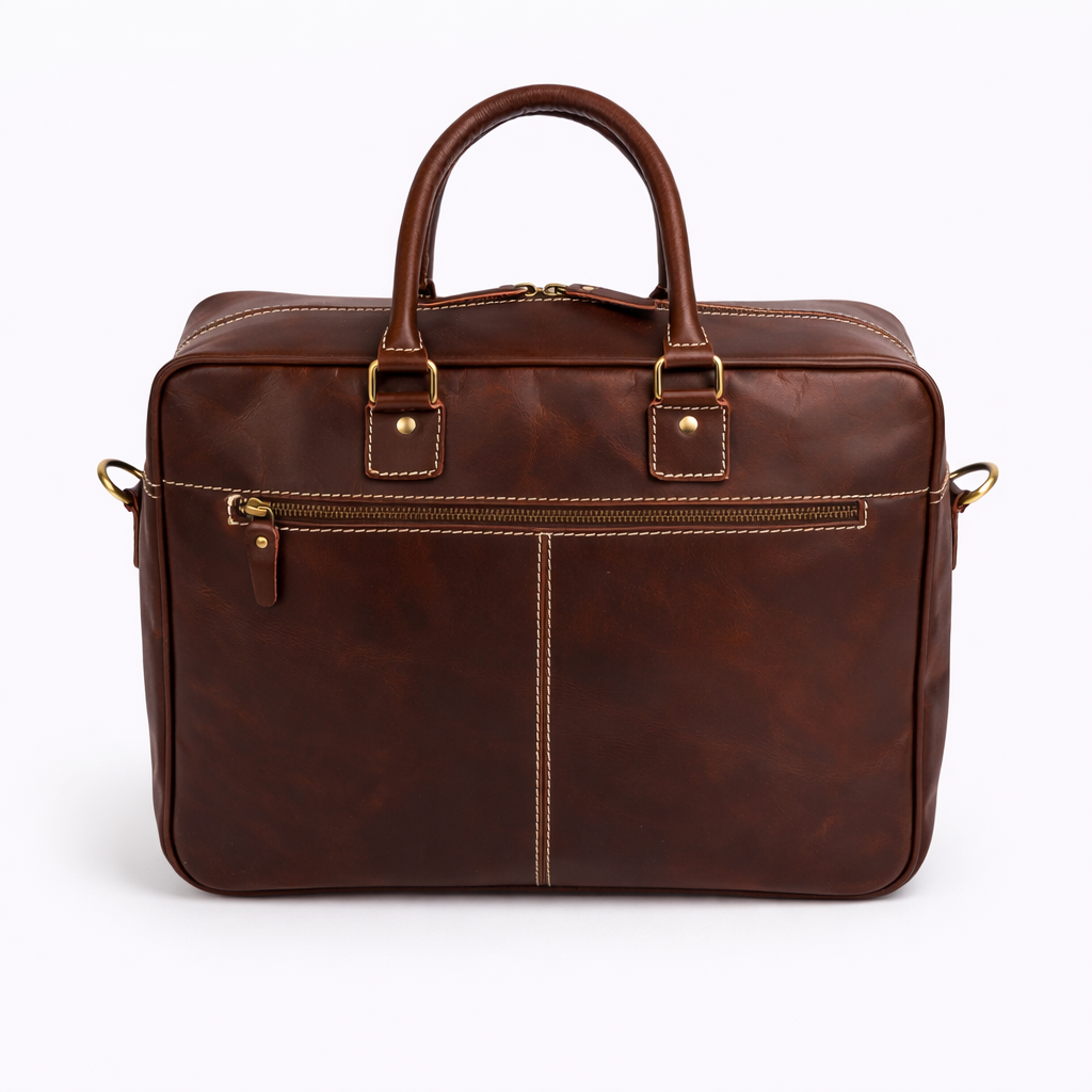 Back view of Wyoming Jack Trail Boss Compact Leather Briefcase for Men with shoulder sling and detailed leather craftsmanship.